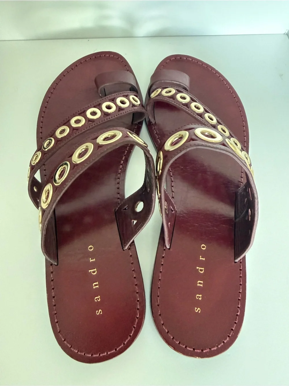Sandro Burgundy Leather Grommet Gladiator Sandals EU40 US 9 Gold Stud Flat Slide